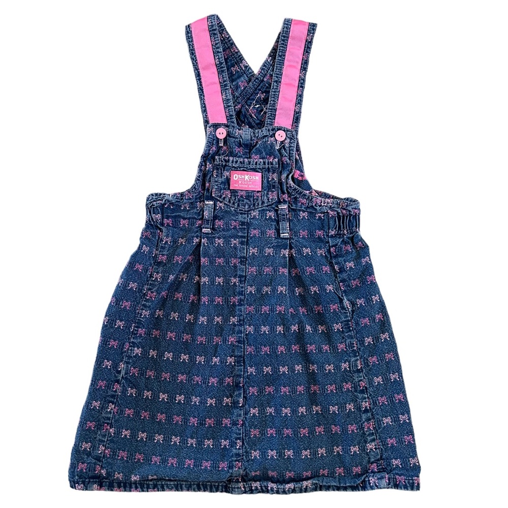 Vintage OshKosh Denim Dress 6 Pink Bows Suspenders Straps